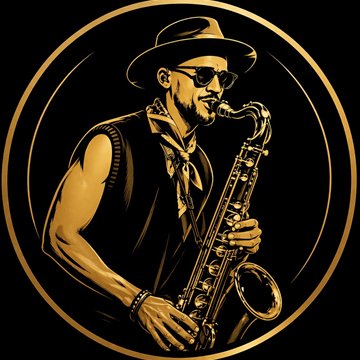 Luiso logo: an illustration in gold of Luiso playing saxophone in a hat and sunglasses.
